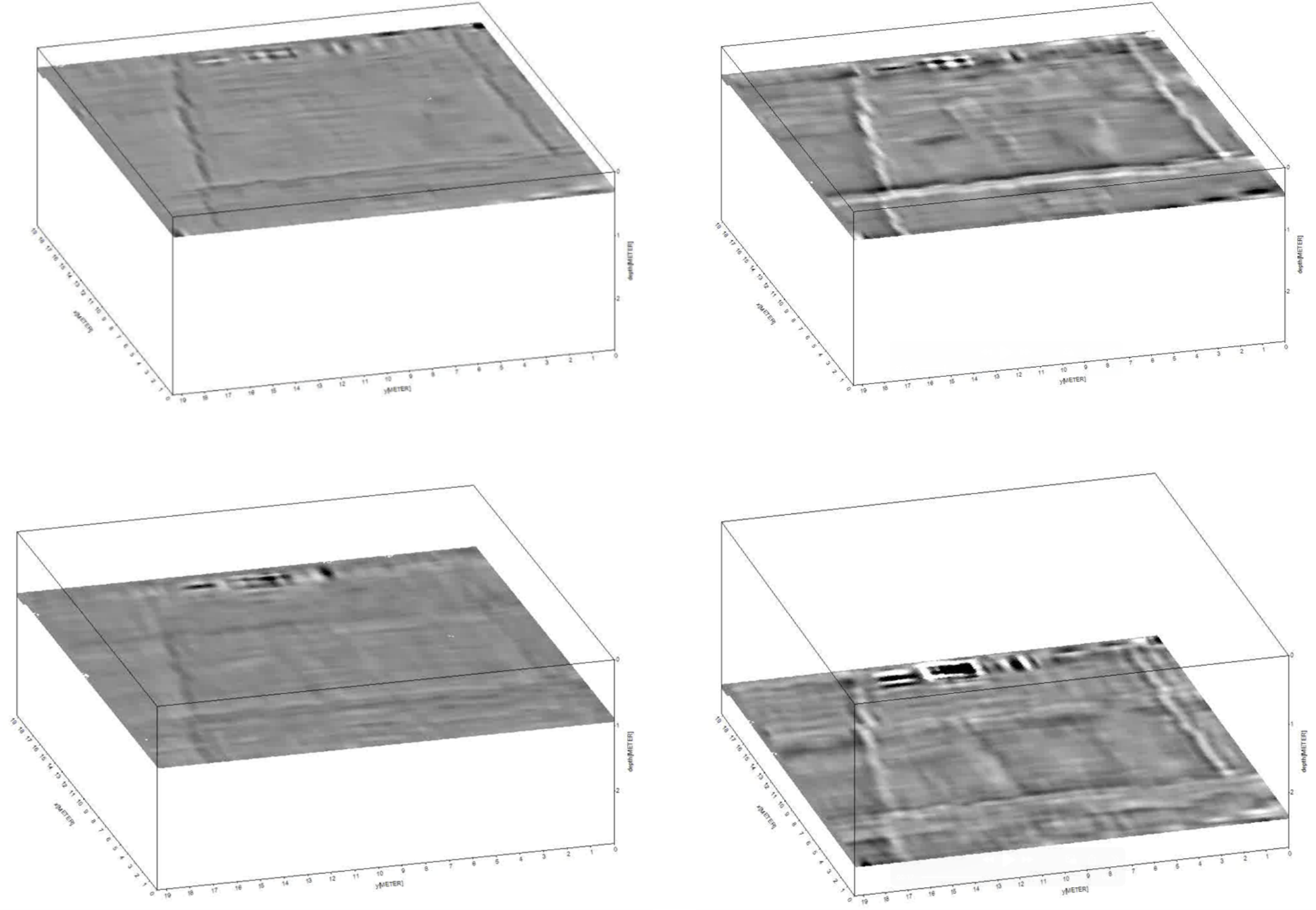 Three-dimensional reconstruction of the subsurface of the pilot site at different depths from 0 to 2.5 m showing different subsurface assets.